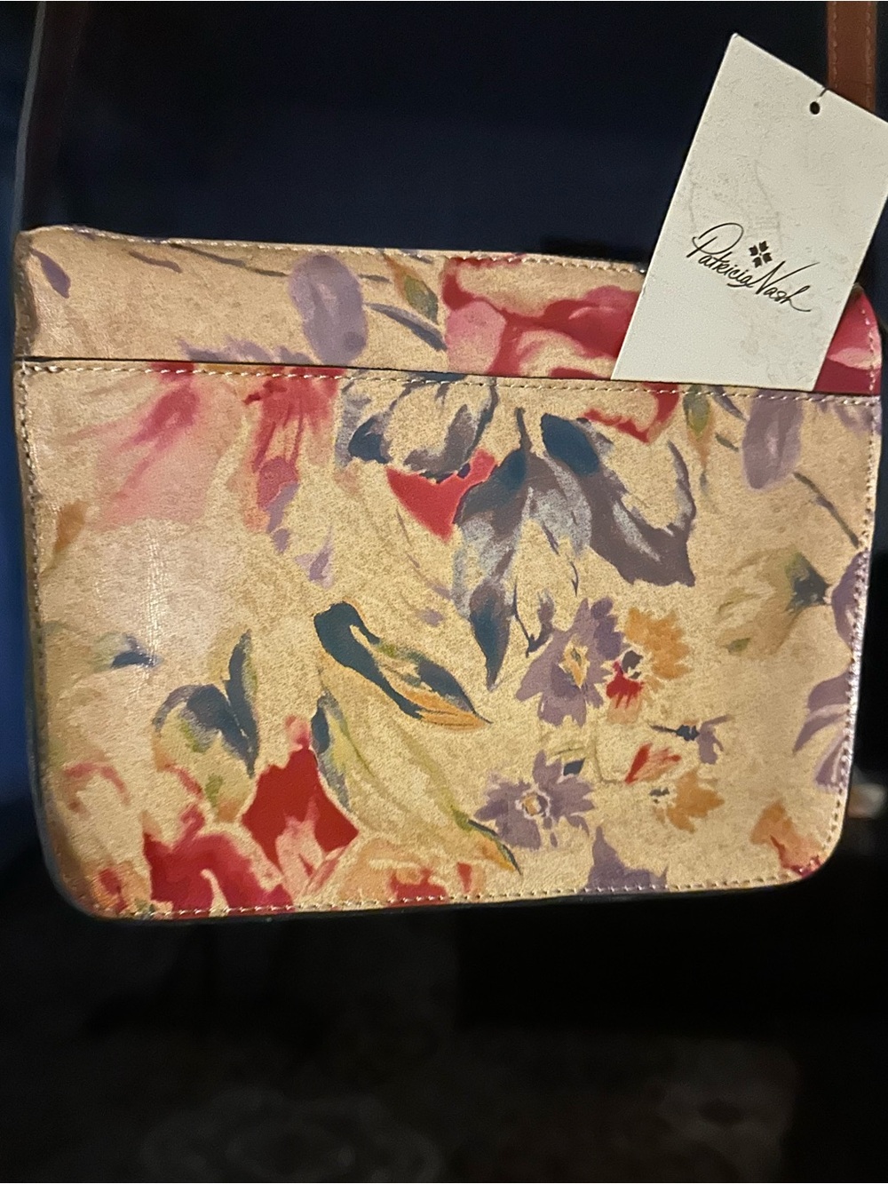 Patricia Nash Red and Light Blue Leather Crossbody Bag with Tan Logo Panel